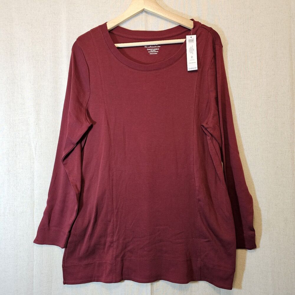 Chico’s The Ultimate Tee Long Sleeve Pocket Tunic Pima Cotton Burgundy Sz 2 = L